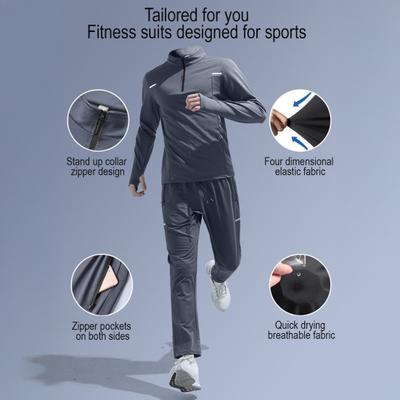 2 Adet/Set Erkek Spor Takımı Dik Yaka Fermuarlı Uzun Kollu Kazak Üst Hızlı Kuruyan Ter Emici Koşu Pantolonu Seti Açık Hava Fitness Eşofmanı