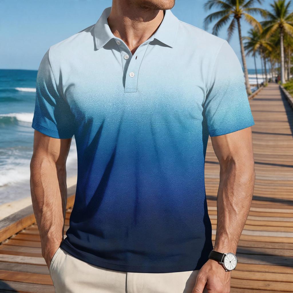 Men Loose Fit Casual Gradient Print Short Sleeve T Shirt with Turn Down Collar Comfortable Soft Fabric Stylish Design
