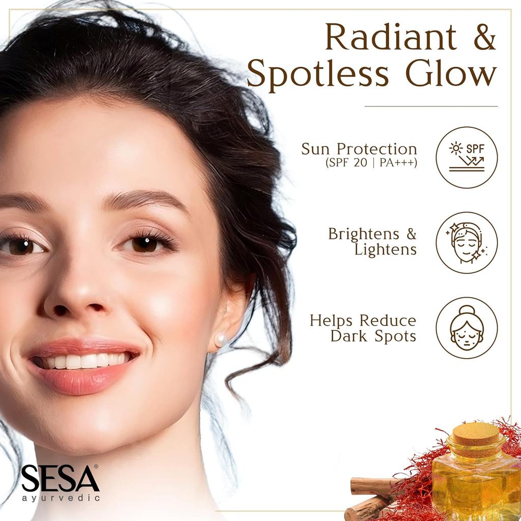 Sesa Kumkumadi Kesar Day Cream 50g With SPF 20 PA++ Ayurvedic Skin Brightening Moisturizer For Daily Sun Protection And Radiant Glow