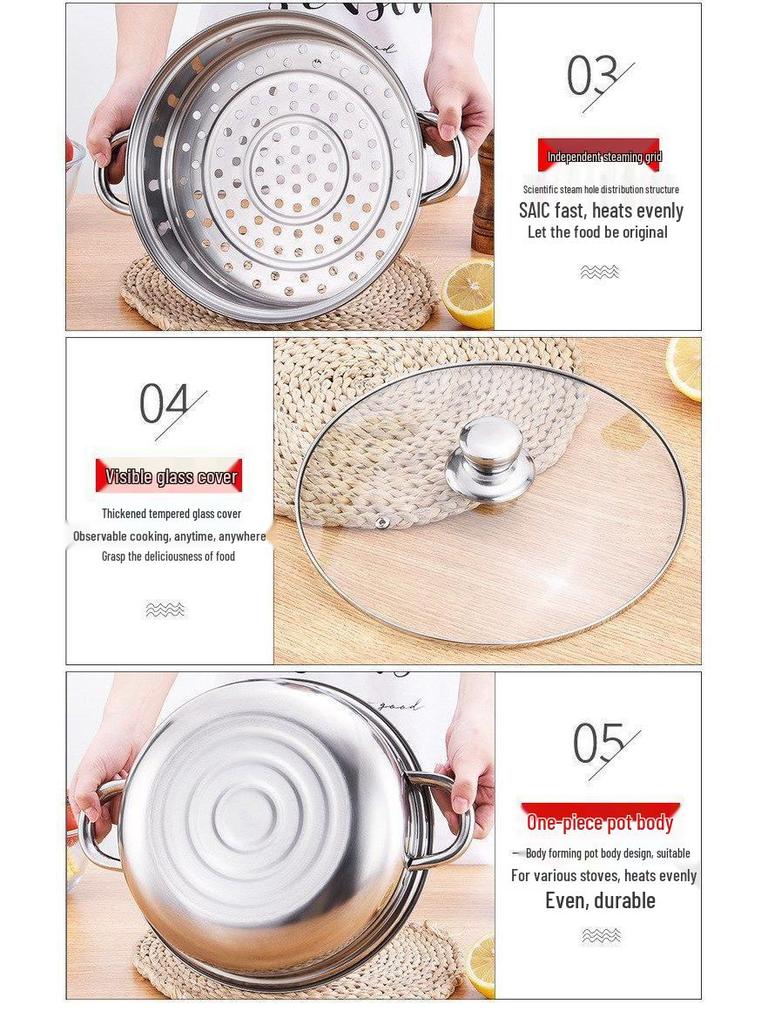 Stainless Steel Double-Ear Two-Layer Steamer Pot for Induction and Soup