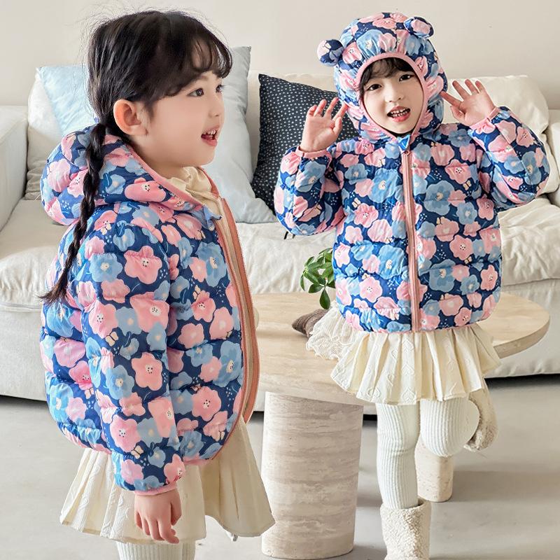 autumn cute Flower print coats Girls' warm cotton-padded children's clothes fashion style blue winter baby girl thickened short cotton-padded jacket