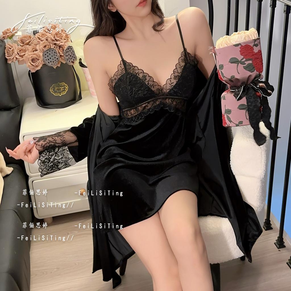 Sexy pajamas women's golden velvet autumn and winter lace with chest pad suspender nightdress hot pure desire style autumn
