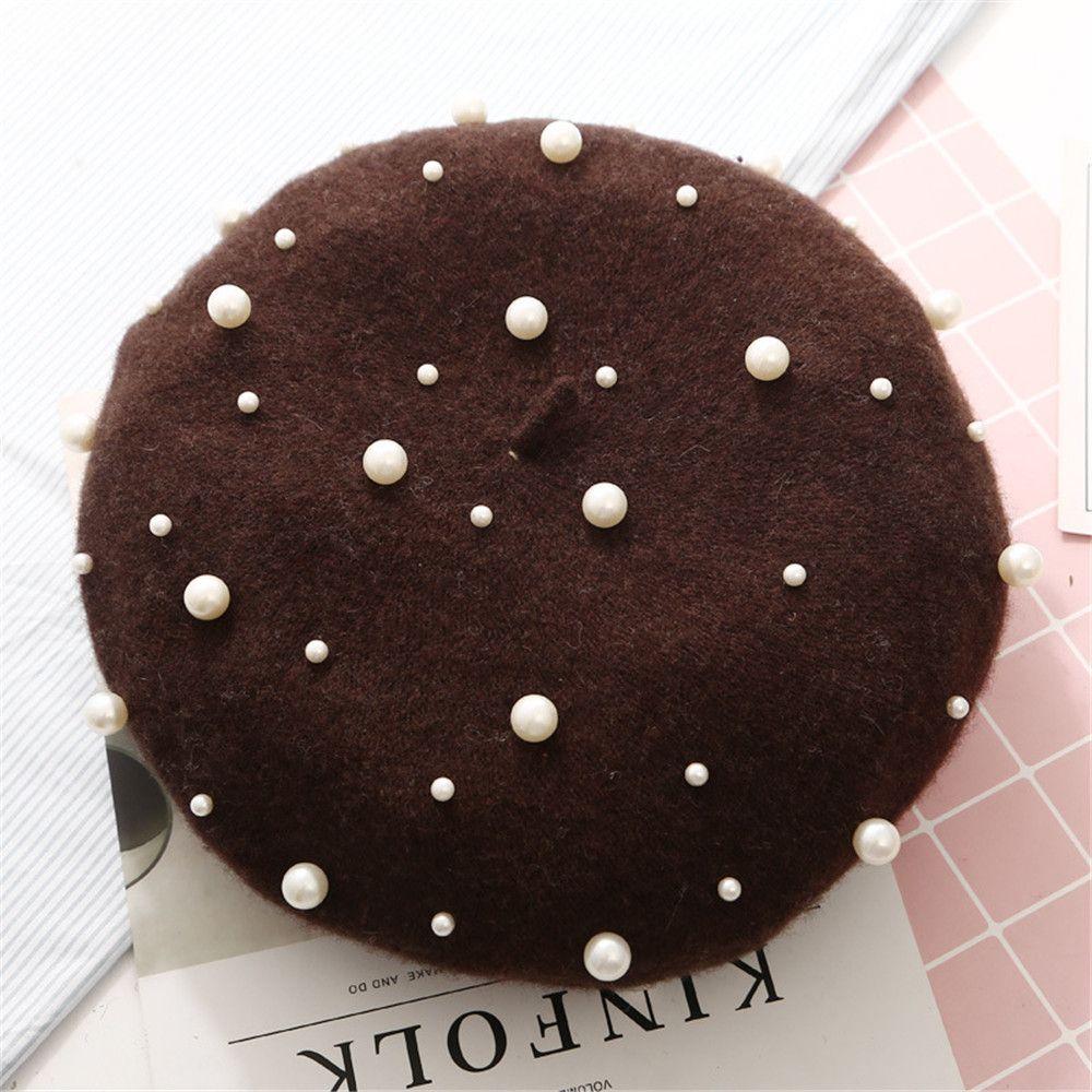 Damen Mädchen Weiche Lässige Elegante Baskenmütze Perle Wolle Malermützen Französische Mütze