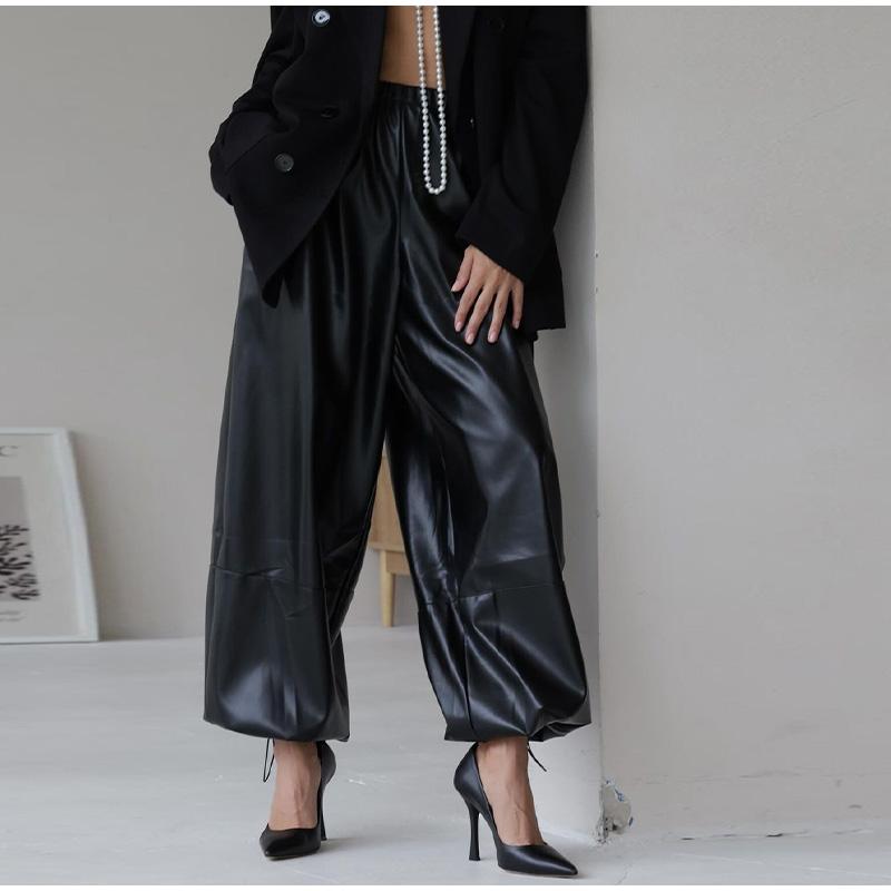Drawstring Drawstring Lantern Leather Pants Women's Solid Color Autumn and Winter New Leather Pants Daily All-match Style Women's Pants