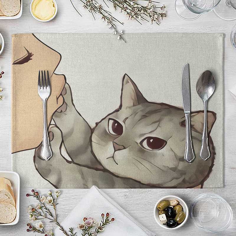 Cartoon Cat Placemat Cotton Linen Table Mat Kawaii Cats Animal Pattern Place Mats For Children Kids Kitchen Dinning Coaster Pad