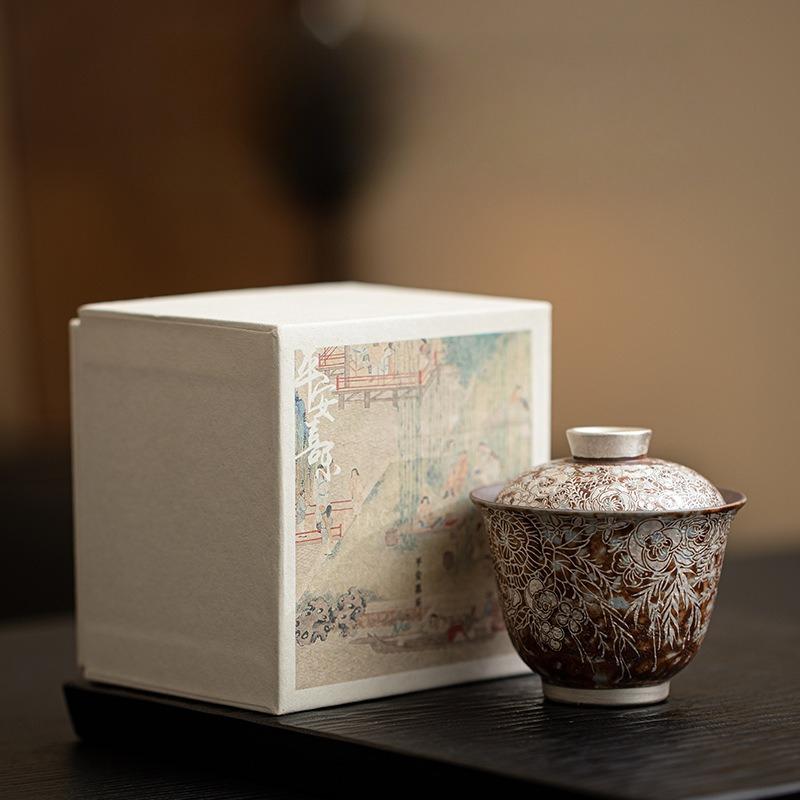 Old Rock Mud Teacups Flower Gilded Silver Gaiwan Chinese Kung Fu Teaware Stoneware Retro Tea Tureen Japanese Ceramic Drinkware