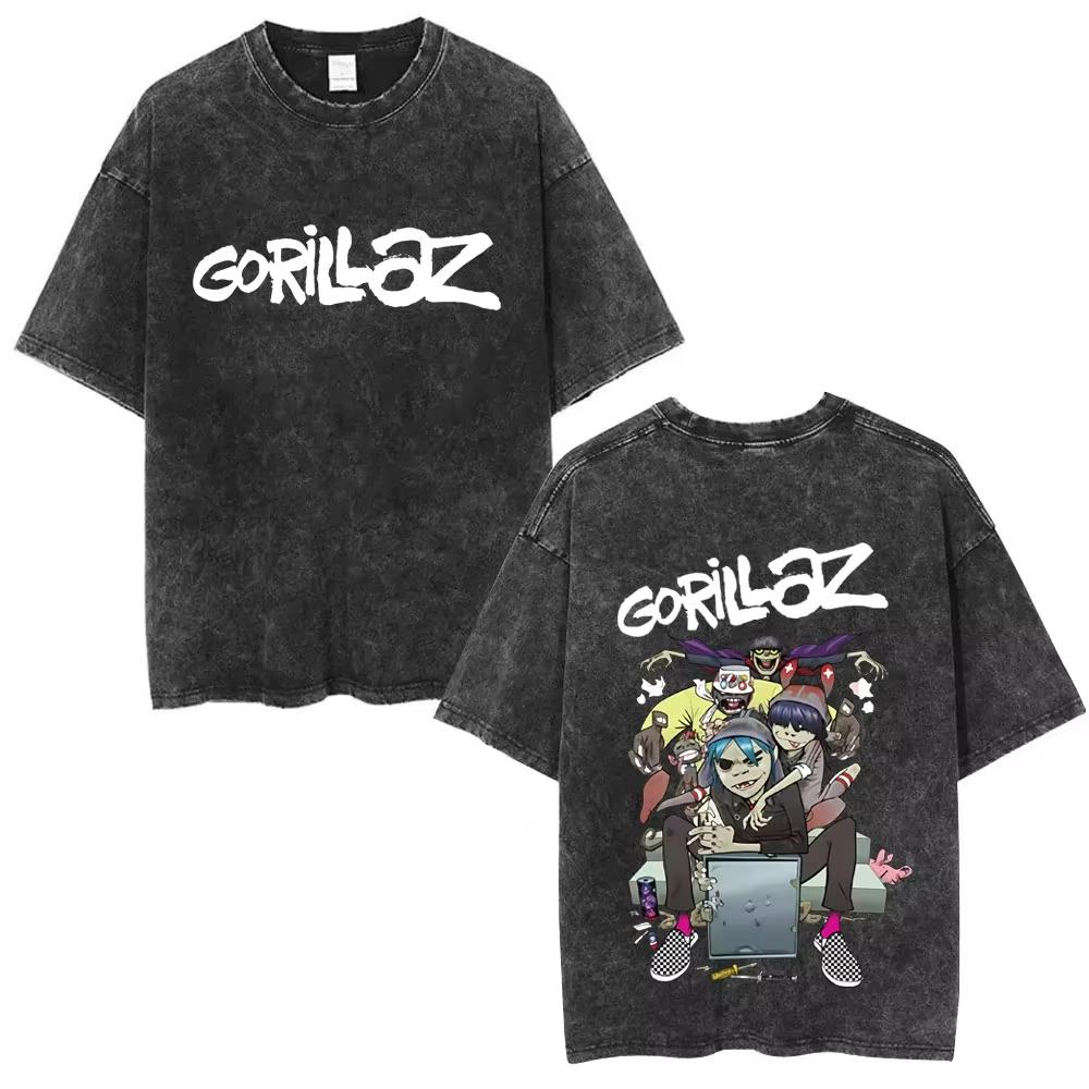 Washed Vintage Rock Band Gorillaz Album Graphic T-shirt Men's Women Hip Hop Fashion Oversized T Shirts Male Cotton Streetwear
