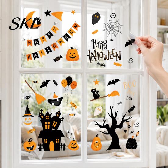 Bright Color Halloween Decals 4 Sheets Electrostatic Glass Stickers, Cartoon Pumpkins Castle Bats Window Stickers PVC Waterproof Static Clings