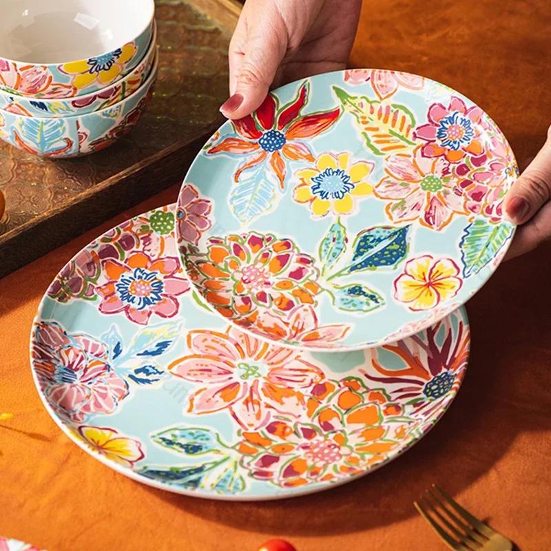 Piatti in Ceramica con Fiori Creativi Piatto da Bistecca per Ristoranti di Lusso Ciotole Deliziose per Ramen per la Casa Stoviglie Rotonde Raffinate