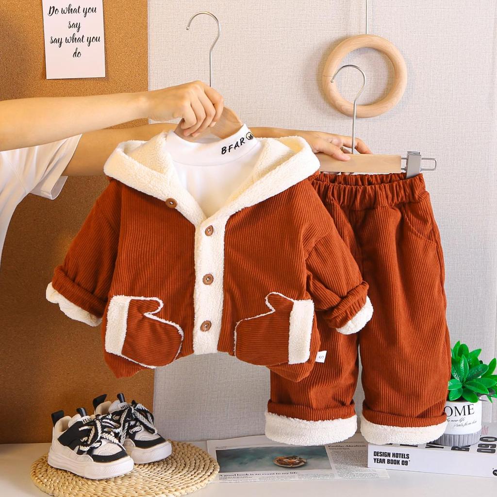 Boys' long sleeved 3-piece set, Children's plush thick cotton suit set, Cute clothes for boys aged 0-5