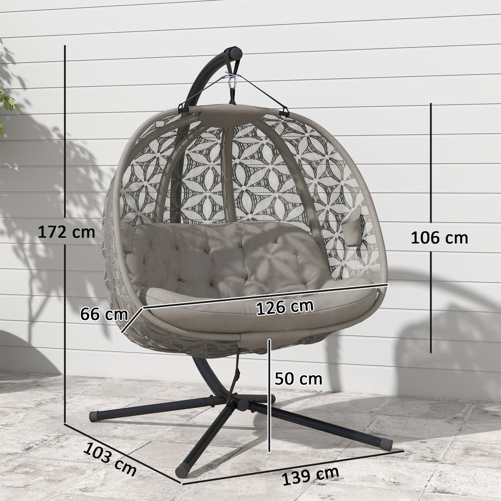 Outdoor Double Hanging Chair with Cushion and Cup Holders, Sand Brown