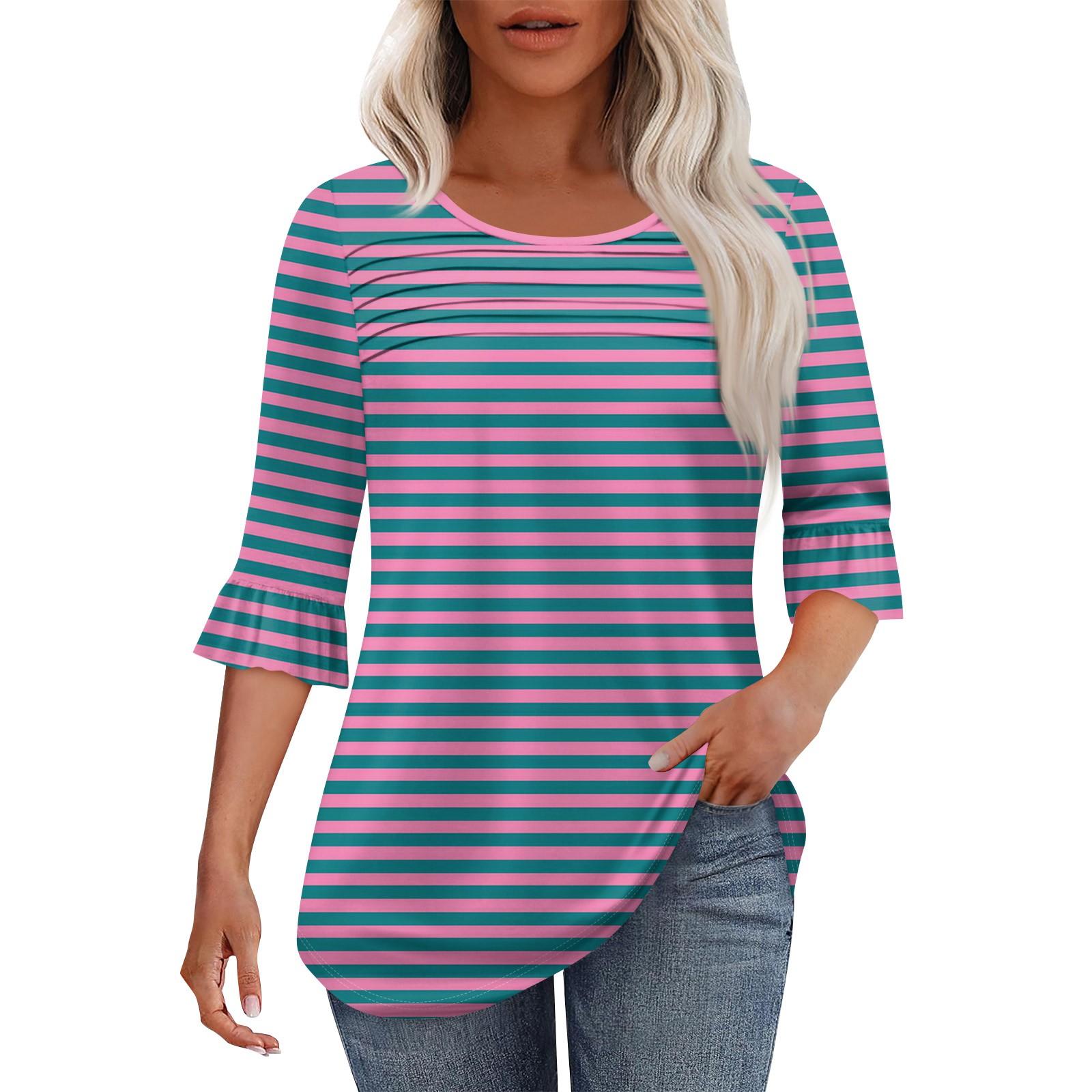 

Женская мода круглый вырез шея плиссированный спереди напечатанные точки расклешенный топ рукав 3/4 S розовый