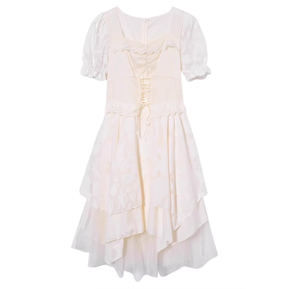 Summer New Design Short-sleeved Dress Women's French Niche Waist Coffee Break Long Dress Sweet Long Skirt