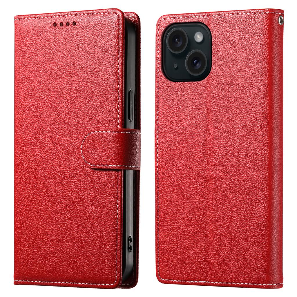DF-012 For iPhone 15 Case Litchi Texture Leather Magnetic Clasp Wallet Stand Phone Cover