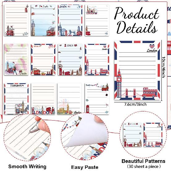 Wxiben London Sticky Notes with Pens - 24 Pcs London Travel Notepads England Ballpoint Pens Bulk British Flag Notes Black Ink Pen Souvenir Gifts for