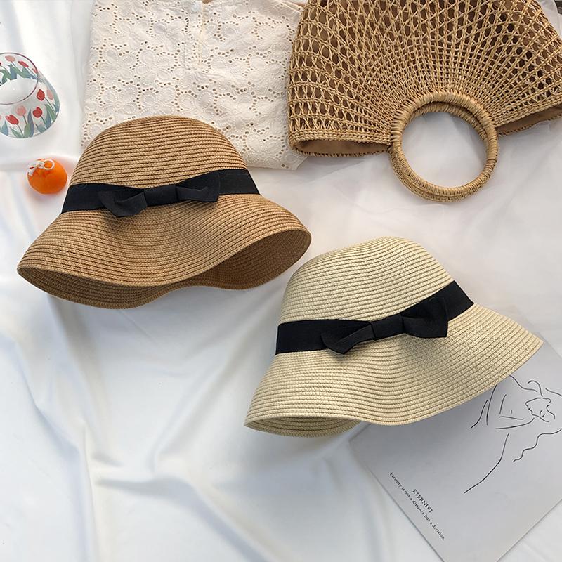 Hepburn Bow Ribbon Sun Hat Women'S Straw Hat Bucket Hat Color Sunscreen Sun Hat Beach Hat