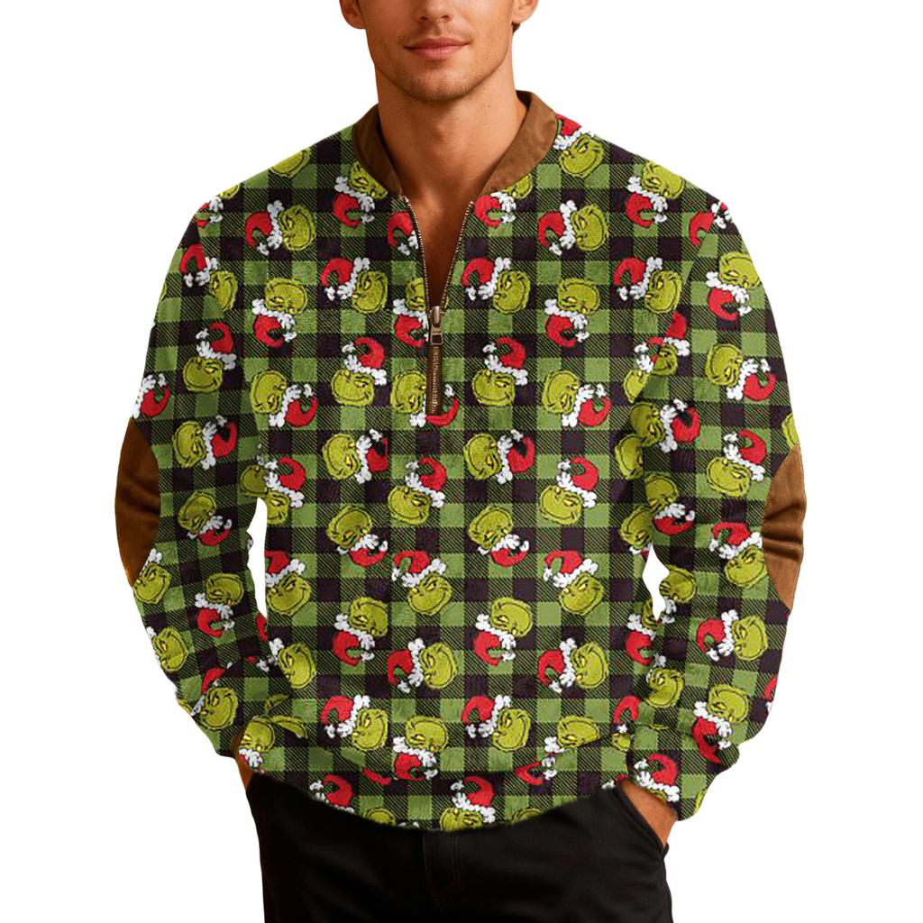 Men's Casual Cartoon-printed Semi-zipper Flannel Retro Long-sleeved Sweatshirt