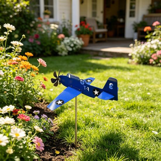Metal Airplane Weathervane, Outdoor Garden Wind Spinner, Rotating Aircraft Yard Art Stake, 3D Kinetic Wind Sculpture for Patio, Lawn, Porch