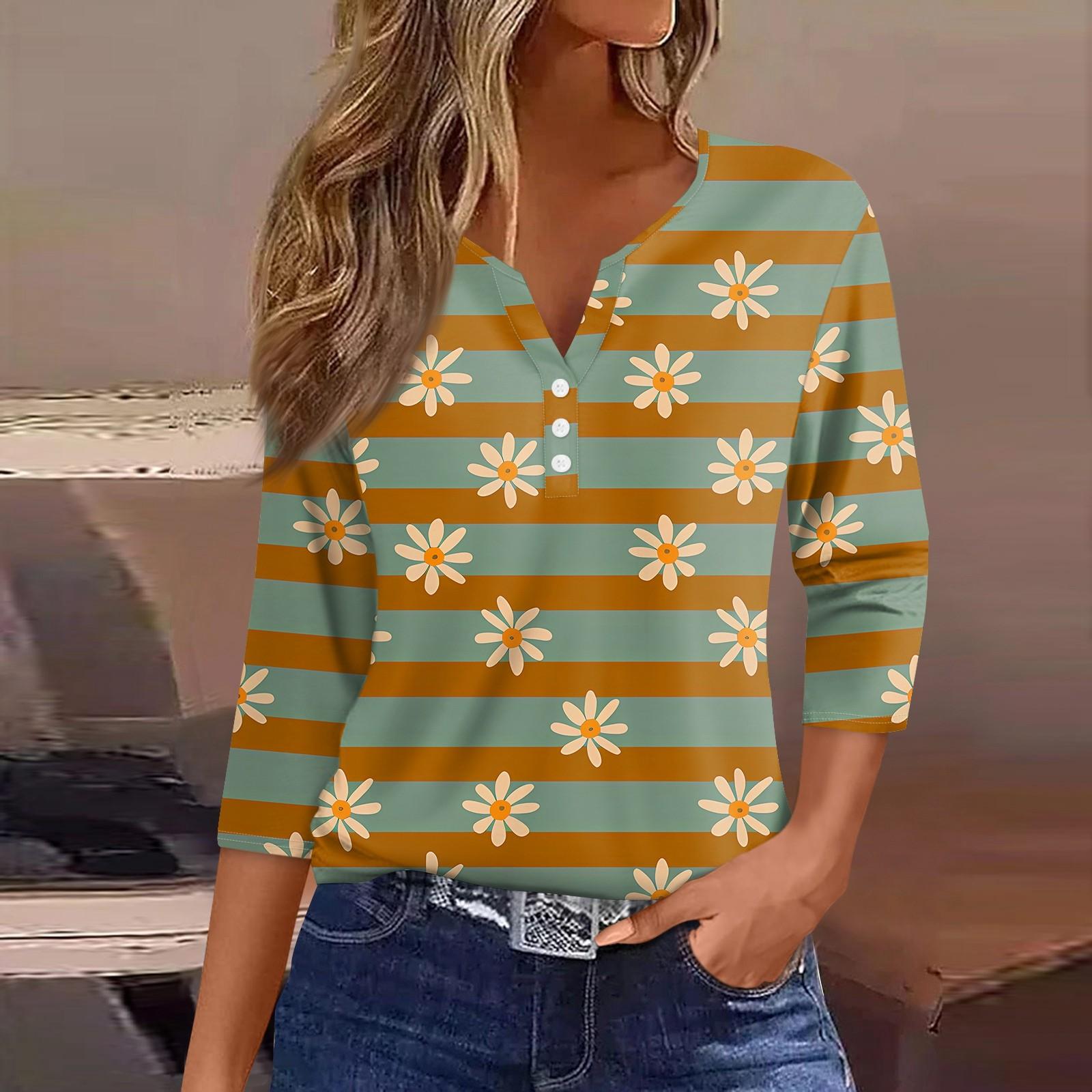 Жен. Футболка С принтом Пуговицы Рукав 3/4 Повседневные Выходные Мода Классический — фото 8