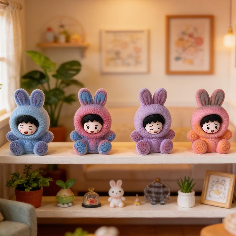Gradient Flocked Rabbit Resin Ornament - Cute Trendy Blind Box Toy & DIY Desktop Decoration Gift