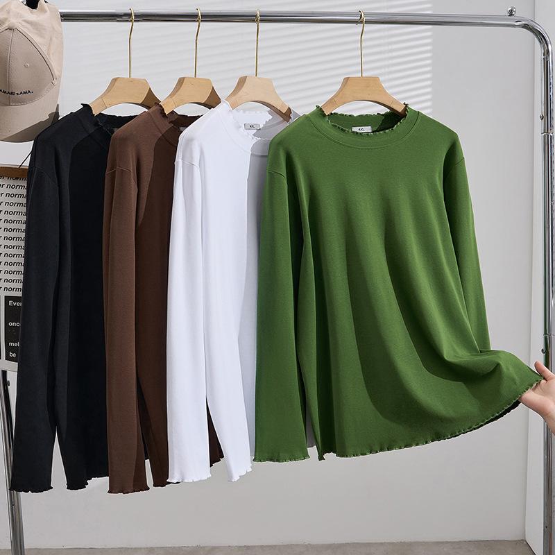 Women's Crew Neck Long Sleeve T-shirt Loose Fit Plus Size Korean Casual Ruffle Hem Solid Color Cotton Basic Layering Top