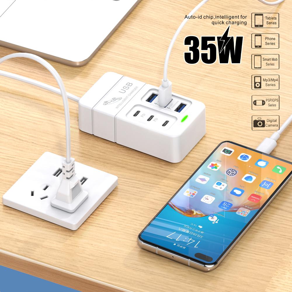 6-in-1 Surge Protector 6-Outlet Extender with 3 USB & 3 Type C Ports Power Strip Multi Plug Outlets Wall Adapter Spaced for Home
