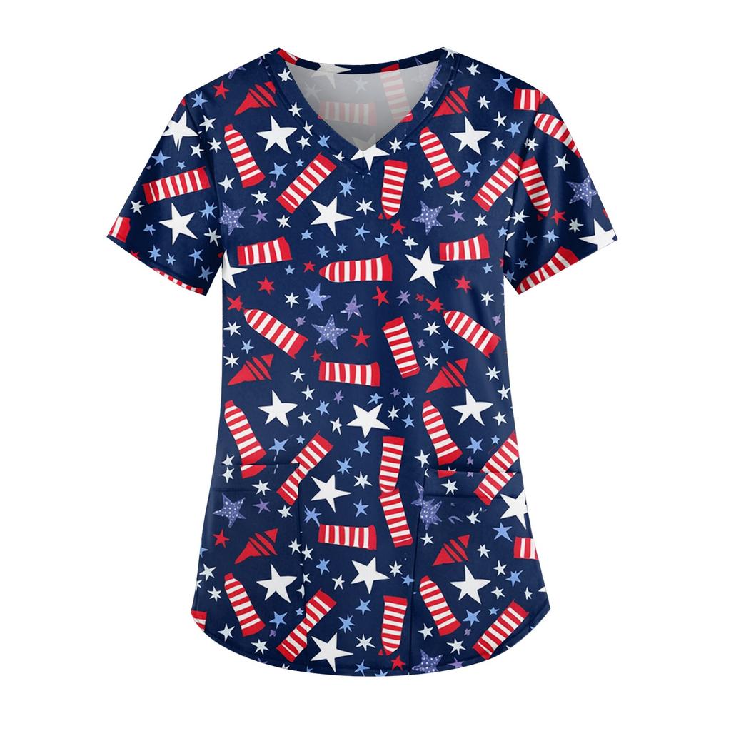 Women's Independence Day Printed Work Clothes V-neck Double Layer Pockets Basic Short Sleeve Top Pullover