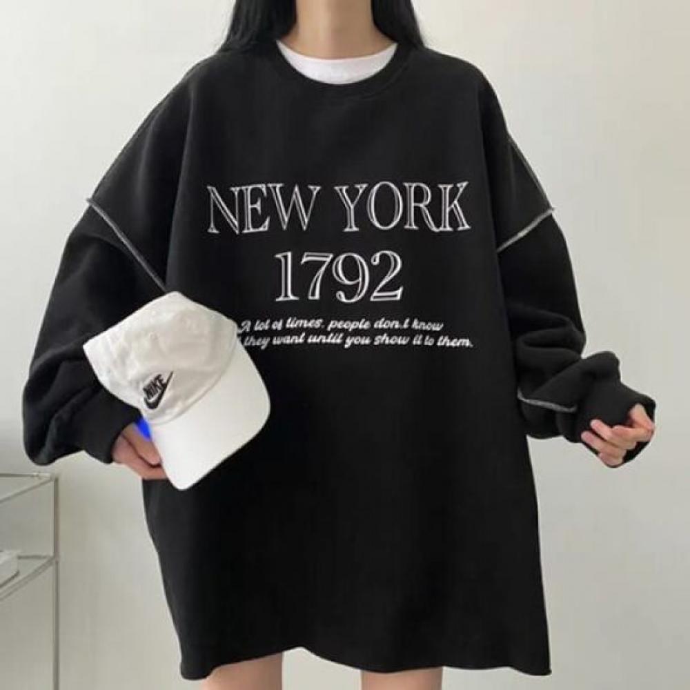 Navava Casual LeTTering Loose FiT Round Neck Long Sleeve T shirT nT2229