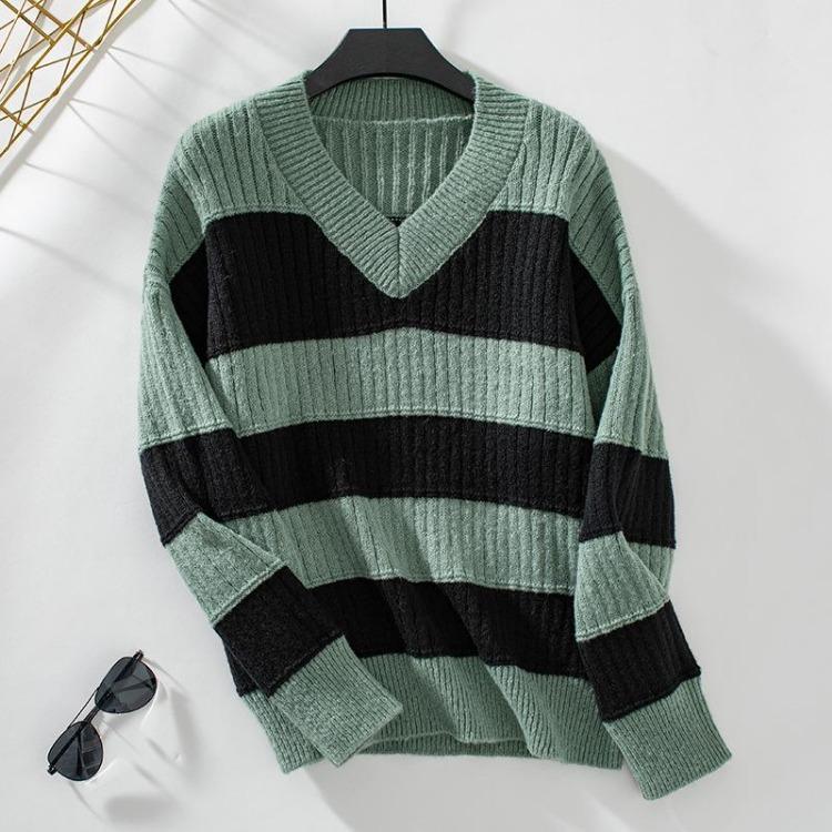 Vintage Stripe V-Neck Loose Hooded Pullover Sweater Long Sleeve Knitwear Autumn Winter S зелёный