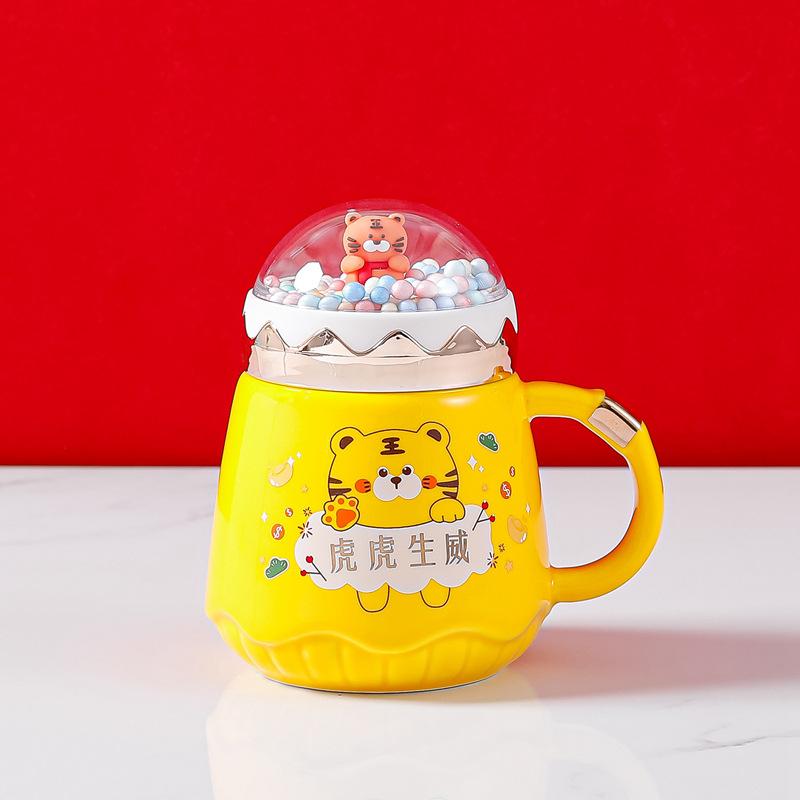 Year of the Tiger Mug with Lid Creative Large Capacity Ceramic Cup Couple Pair Cup Cute Cartoon Coffee Mug for Home Use