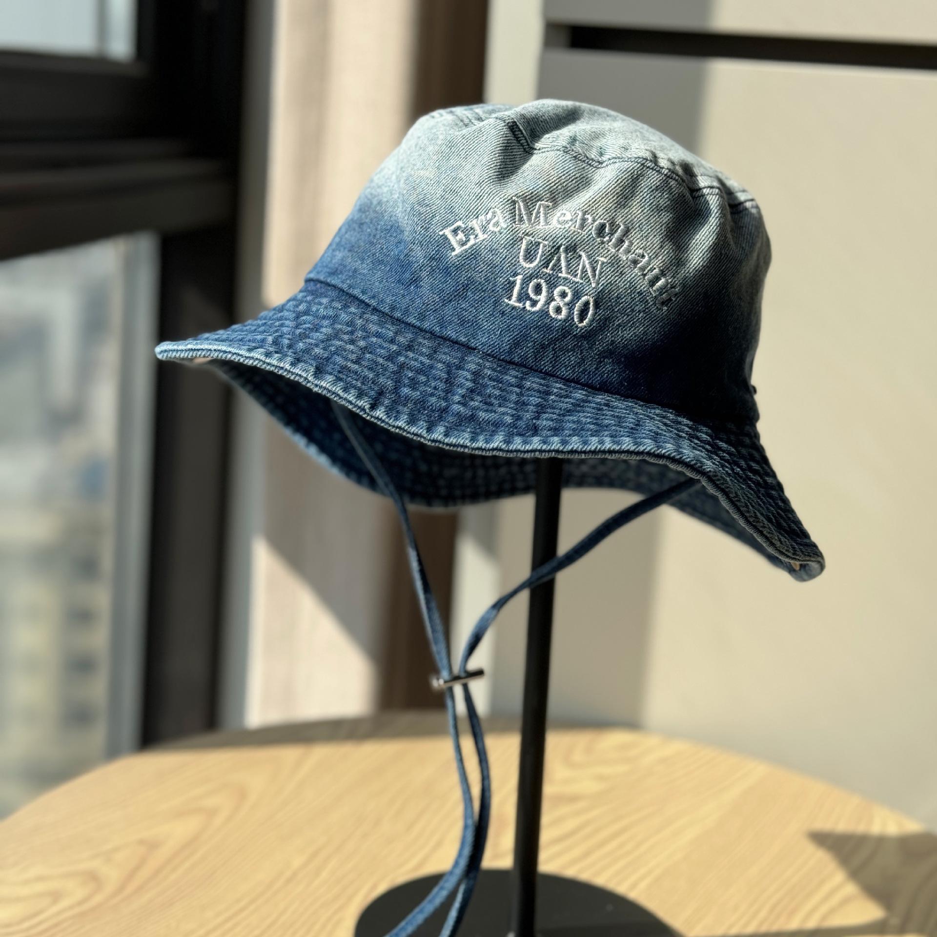 

2026Spring and summer new embroidered washed denim fisherman hat for women, sun-shading and face-slimming bucket hat, fashionable and versatile for Adult54-60Adjustable темно-синього кольору