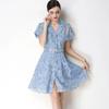 Elegant Lace Embroidery Hollow-out Mini Dress for Women Lapel High Waist A-Line Short Sleeve Single Belt Short Dress Summer