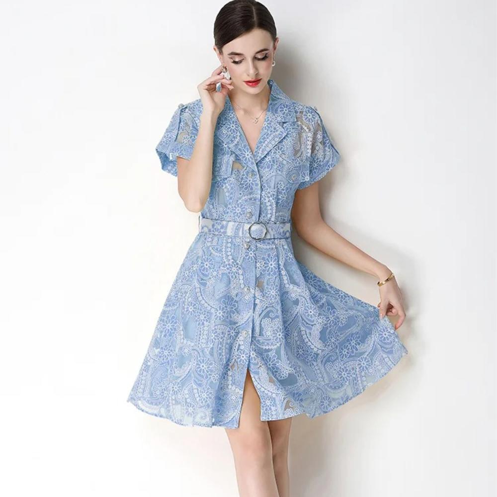 Elegant Lace Embroidery Hollow-out Mini Dress for Women Lapel High Waist A-Line Short Sleeve Single Belt Short Dress Summer