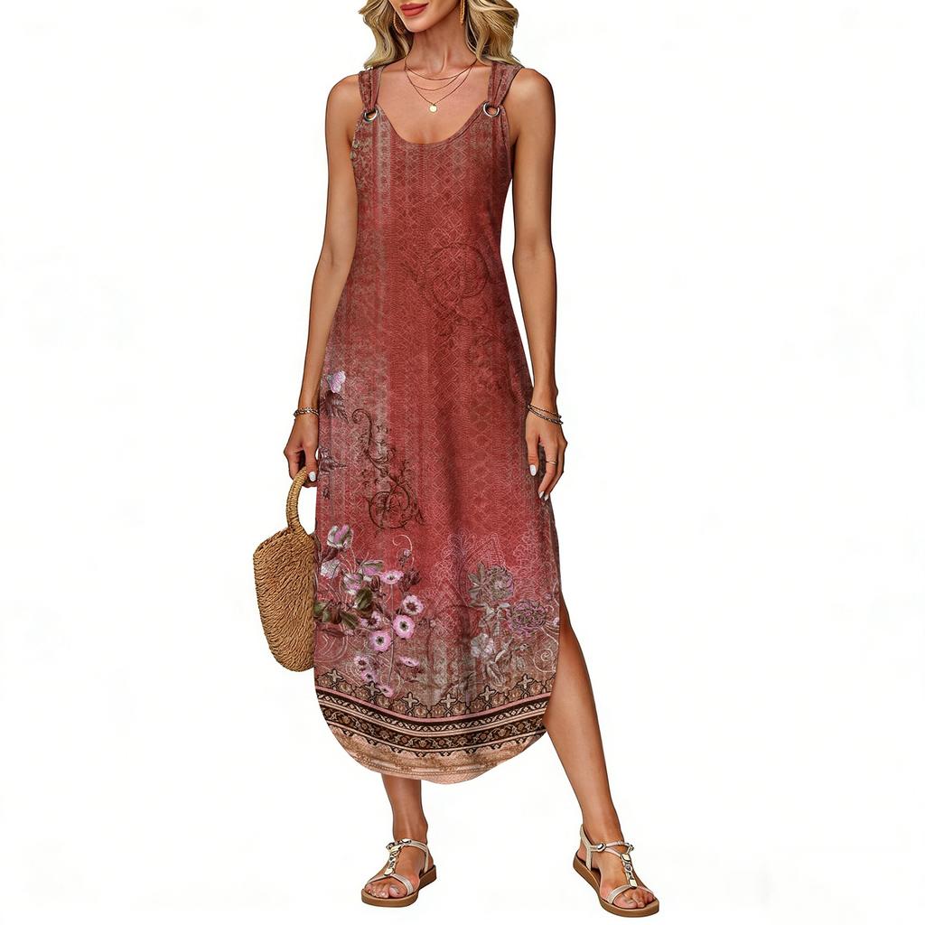 Women's summer long dress, sleeveless with side slits, long retro printed camisole dress