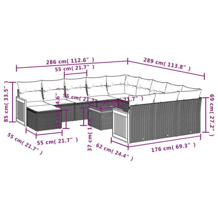 VidaXL Salon de Jardin avec Coussins 13 pcs, Canapés de Terrasse, Ensemble de Meubles de Patio, Mobilier d'Extérieur, Gris 3228272