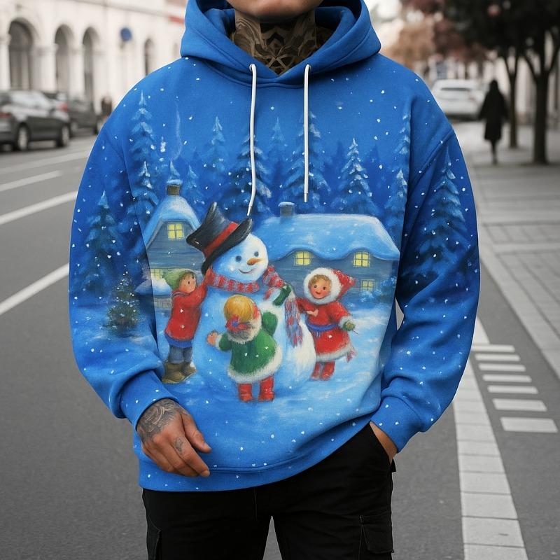 Men's Christmas Snowman 3D Print Hoodie, Festive Winter Design hooded, Long Sleeve Hooded Style, Seasonal Holiday Casual Wear