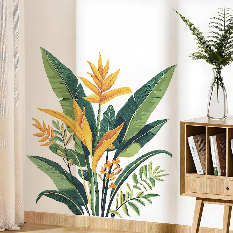 Tropical Jungle Green Plants Wall Stickers, Self-Adhesive Fresh Decor for Living Room Study Room Rental Apartment Decoration