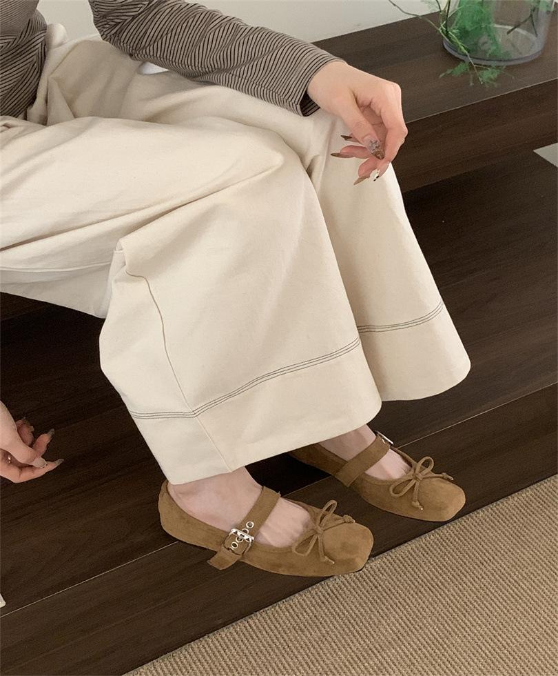 Internet celebrity square head women's shoes autumn new flat bow single shoes ballet silver belt buckle Mary Jane shoes