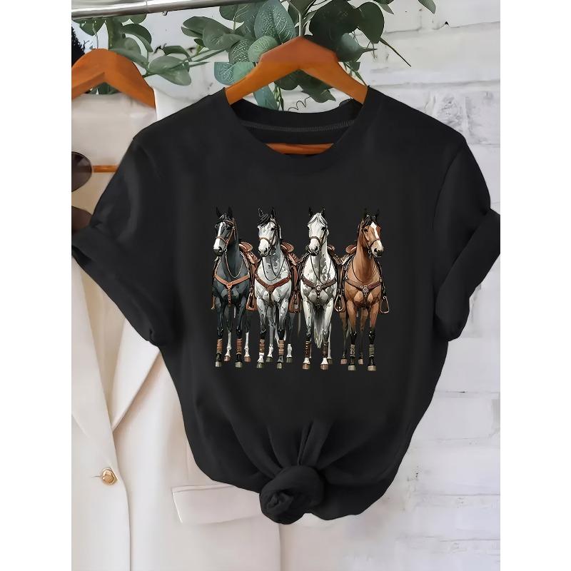 European Size Women's Short Sleeve T-Shirt with Artistic Four Horses Print - White Crew Neck, Machine Washable, All-Season Comfort,Horse Lover Gifts
