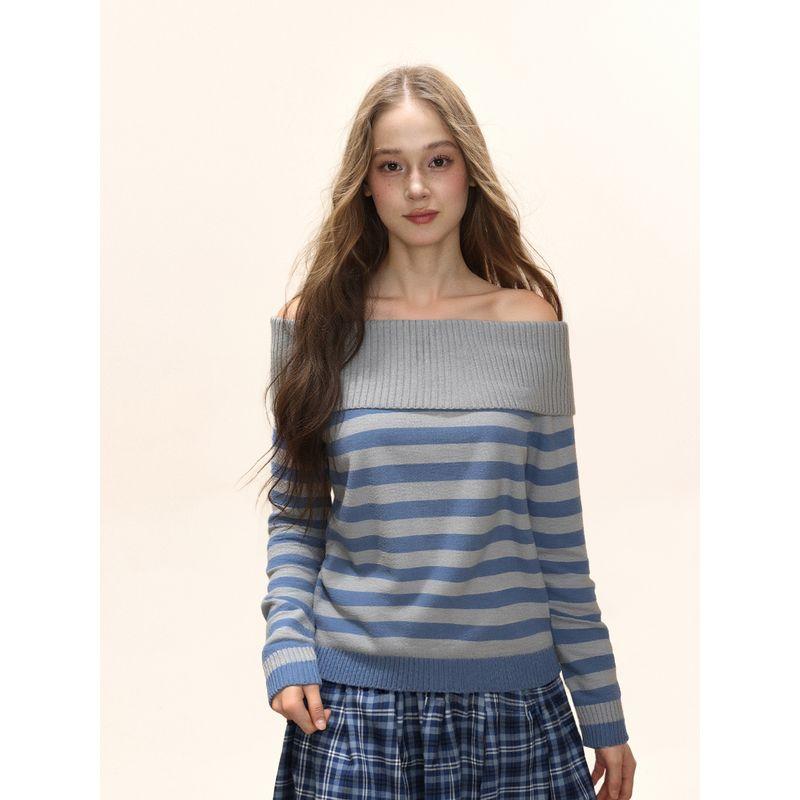 Shiyiyue American-Style Color-Block Striped Knit Sweater for Women, Autumn and Winter Design, Loose Off-Shoulder Versatile Top