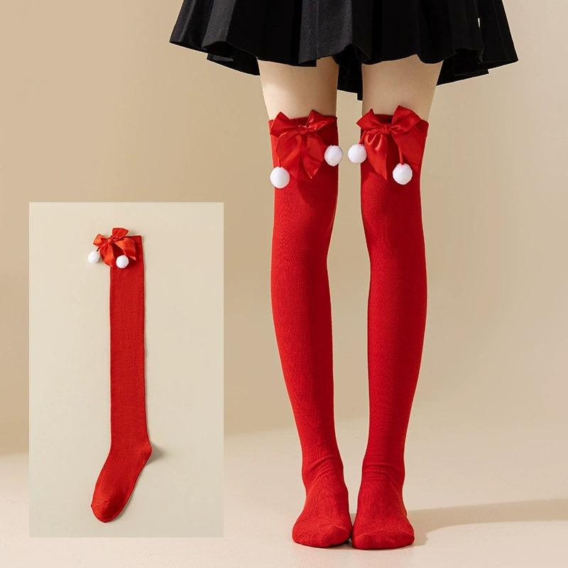 New Butterfly Knot Christmas Ball Socks Over Knee Sock Women's European and American Festival Christmas Striped Long Socks