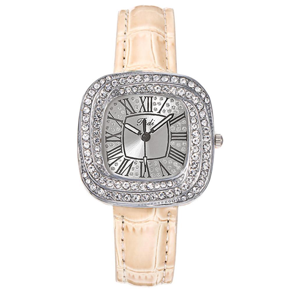 Simple Square Rhinestone Quartz Watch Casual Leather Women's Clock Wristwatch