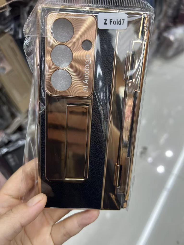 Full Protection Hinge Case for Samsung Galaxy Z Fold8 Ultra / 7 6 5 4 3 Plating PC+Leather Tempered Film Folding Kickstand Cover