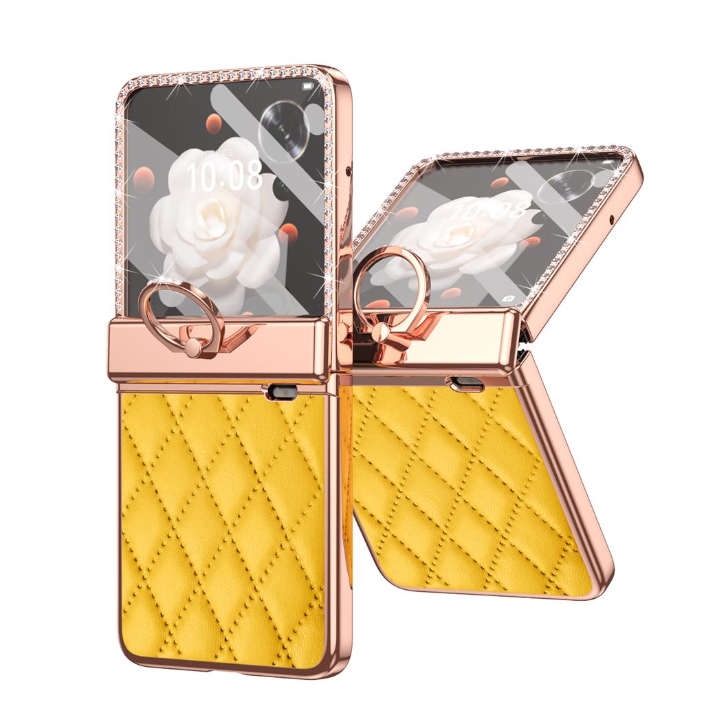 For Honor Magic V Flip Luxury Plating PC+Leather Hinge Full Body Cover Build-in Glass Front Film Shockproof Case