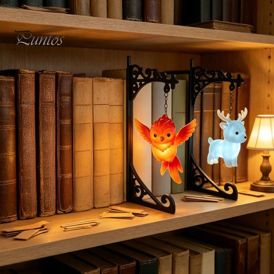 Birthday Surprise for Fans Magical Bookshelf Lamp with Owl Phoenix And Stag Figures, Vintage Iron Stand Warm Nighttime Reading Light, Light Decorative