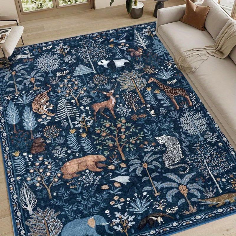 Verzauberter Wald Blaue Bereichsmatte, Rutschfest & Maschinenwaschbar, Märchenhaftes Design mit Tieren & Pflanzen, Bereichsteppiche Wohnzimmer