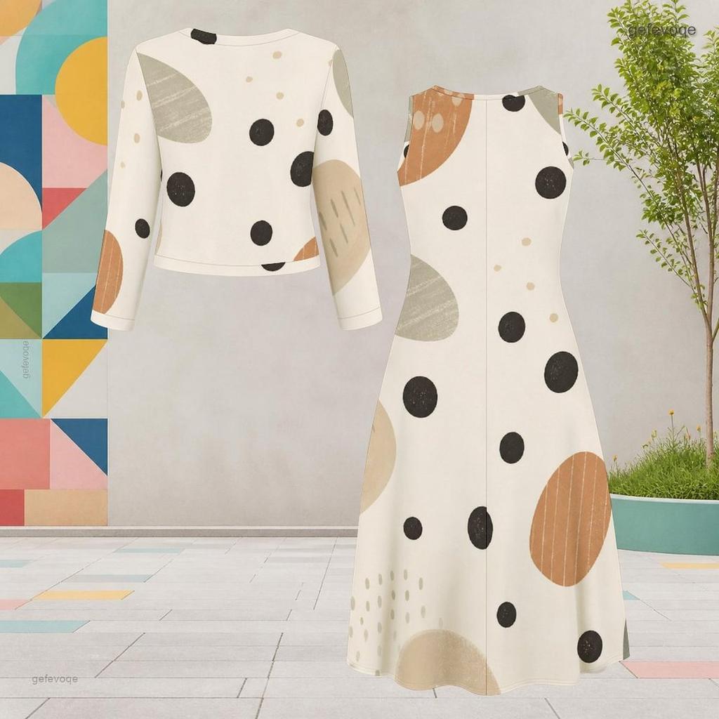 Women Plus Size Geometric Printed Polka Dot Round Neck Long Sleeve Cardigan Sleeveless Dress Two Piece Set