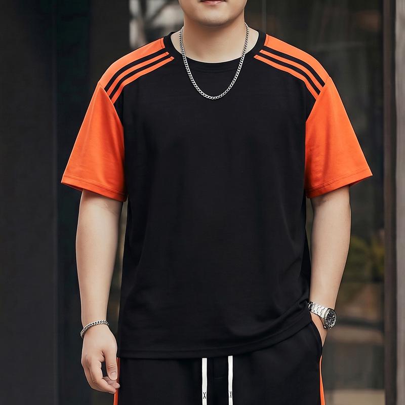 2026 Men's Plus Size Patchwork Short Sleeve Summer Casual Suit - Round Neck Sports Shorts Two-Piece Set