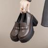 8cm Chunky Heel Platform Loafers Office Work Shoes Black Leather Shoes with Waterproof Sole Korean Thick Heel Casual Shoes