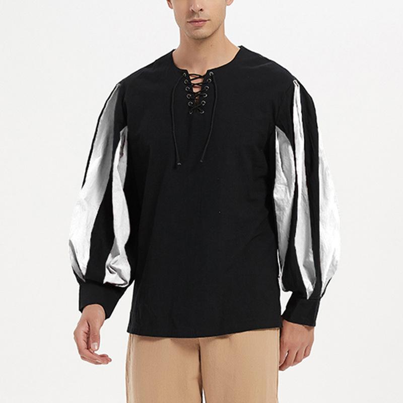 

Летняя мужская винтажная свободная рубашка рыцаря со шнуровкой и длинными рукавами, средневековая драматическая рубашка для выступлений L чёрный